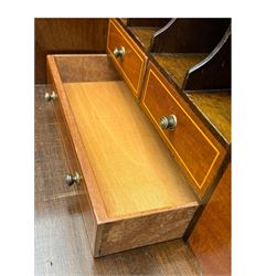 Mid-to-late 20th century inlaid mahogany bureau, inlaid floral medallion to the top, the fall front opening to reveal fitted interior with pigeonholes, small drawers and central cupboard, green inset writing surface with gilt tooling, four drawers below with brass handles, raised on shaped bracket feet