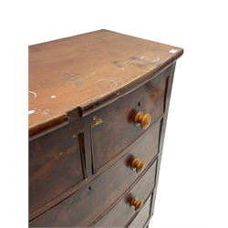 Victorian mahogany bow-front chest, fitted with two short and three long drawers, on turned feet