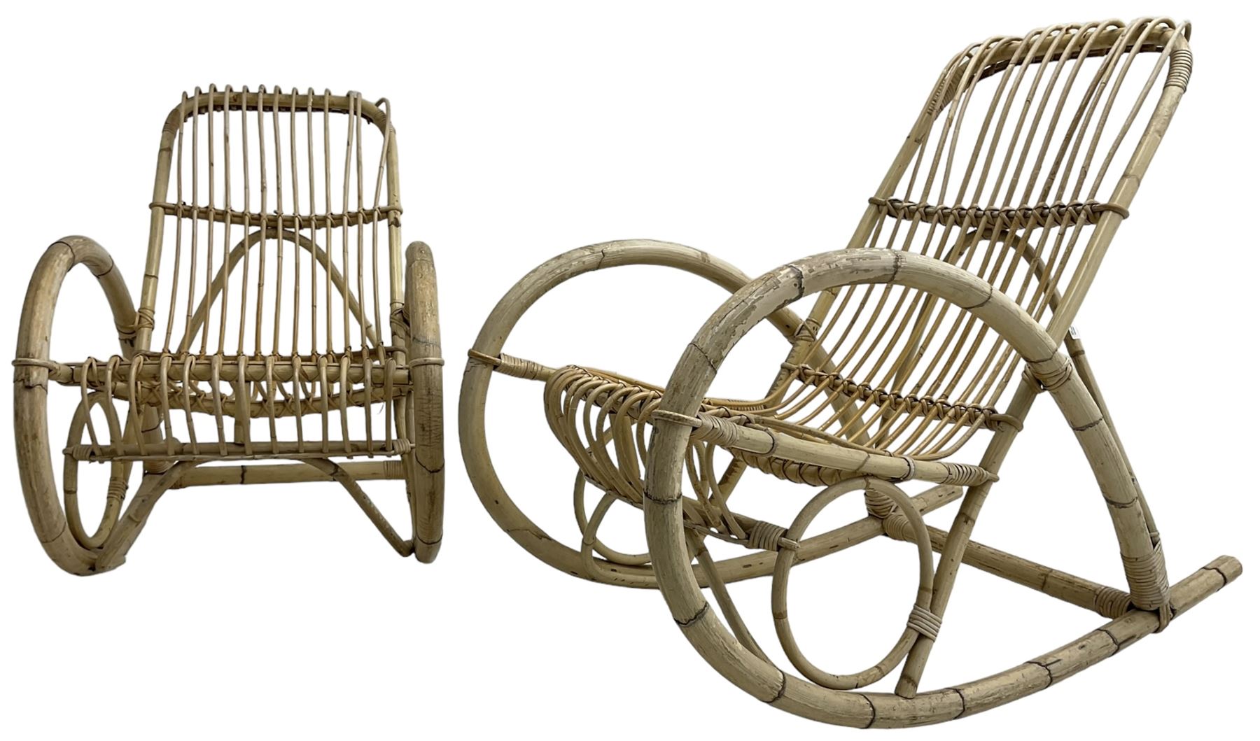 Pair of mid-20th century bamboo rocking chairs, in the style of Rohé Noordwolde