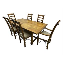 Barker & Stonehouse 'Flagstone' range mango wood dining table, fluted rectangular top with marquetry inlay, raised on turned supports connected by fluted H-stretcher; six (4+2) slatted-back chairs with beige upholstered seats H112cm 