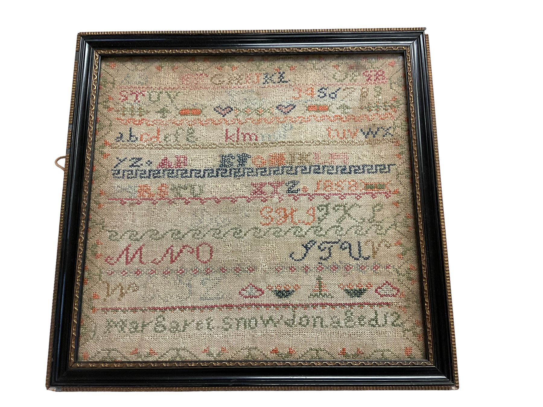 Victorian needlework sampler, the alphabet by Margret Snowdon age 12, H38cm, W40cm