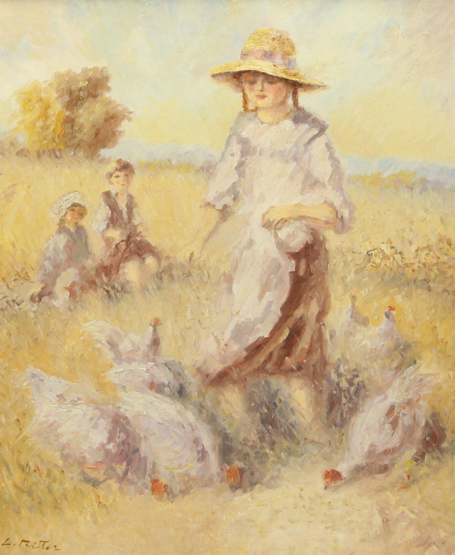 French School (20th Century): A Girl and Her Chickens, oil on canvas indistinctly signed 58cm x 47cm 