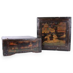 Pair of late 19th century Chinese lacquered boxes, of square form, each painted with figur...