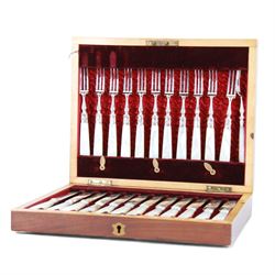 Set of twelve early 20th century century mother of pearl handled and silver plated fruit knives and forks, housed in a satin and velvet lined mahogany case, together with a 