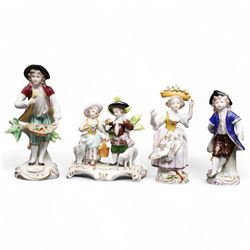 Group of Sitzendorf porcelain figures, one modelled as two children with birds and lambs, ...