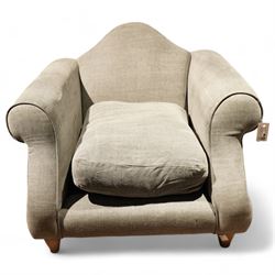 Loaf - hardwood-framed armchair, camelback and rolled arms, upholstered in stone-grey fabric, on turned oak front feet