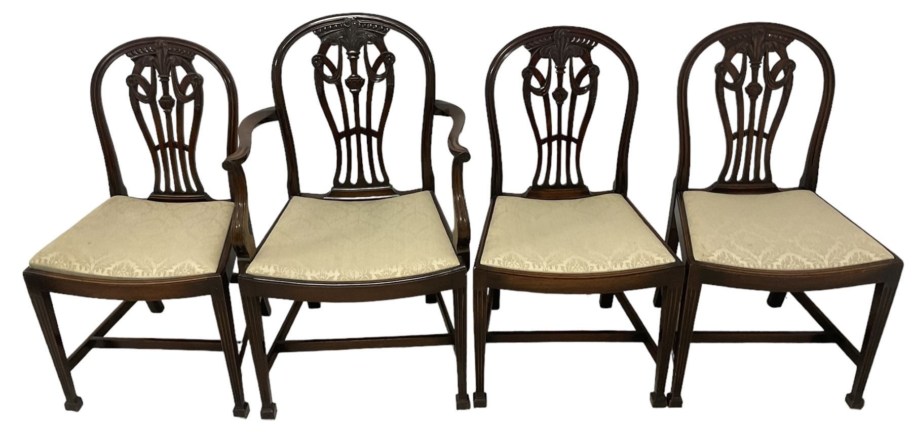 Pair of Georgian design mahogany D-end tables, reeded edge over banded frieze, on square tapering supports; with set of four (3+1) Hepplewhite design mahogany dining chairs, elaborately pierced and carved splat with festoons over dished seat, on fluted supports (W63cm H98cm)