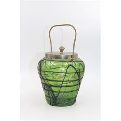 Austrian Art Nouveau Pallme-Konig glass biscuit barrel,  with iridescent veined green body and plated handle and cover, including handle H25cm