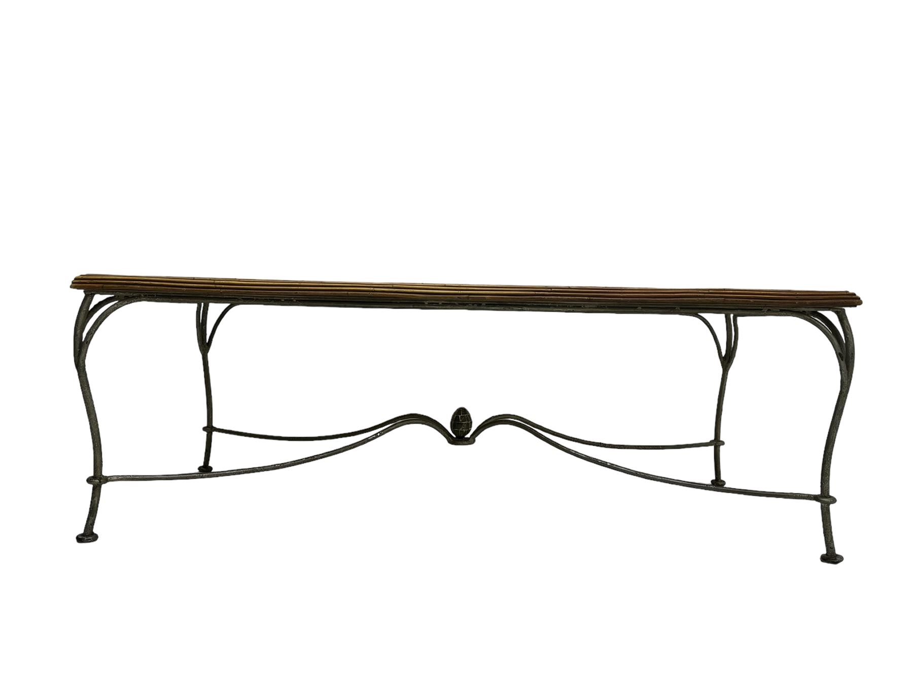 Mid-20th century coffee table, rectangular tiled wooden top framed by bamboo detailing, supported by wrought iron base with scrolled legs and central mosaic accent