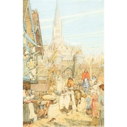 Medieval Street Scene, early 20th century watercolour unsigned 36cm x 23cm