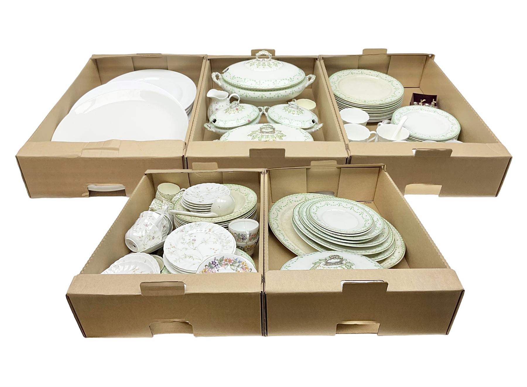 Collection of tea and dinnerwares to include Wedgwood Campion, etc in five boxes 