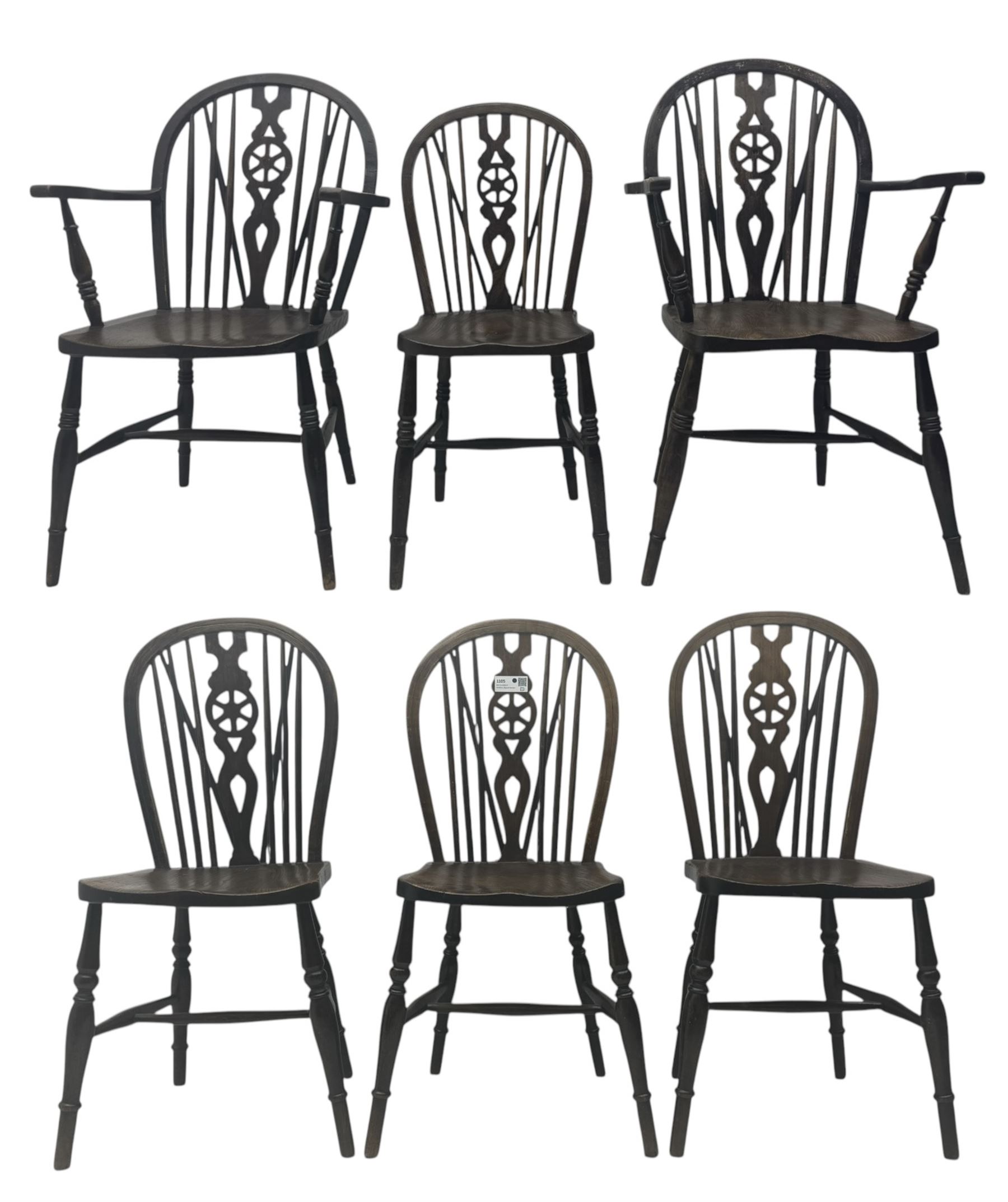 Set of six 19th century elm and ash dining chairs, hoop back with pierced wheel-shaped central splat, shaped saddle seat, raised on turned supports united by H-stretchers