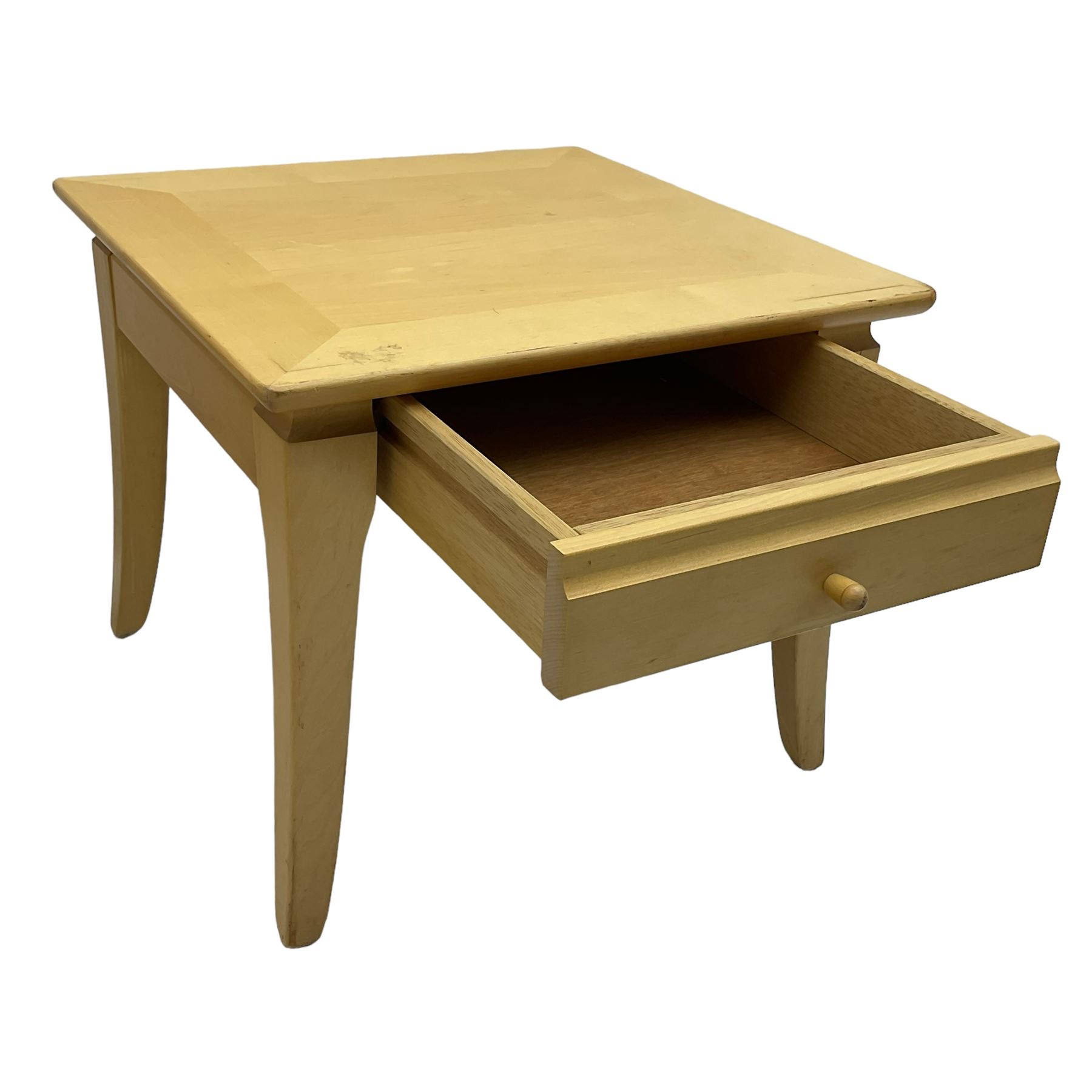 Skovby - maple square coffee table on tapering splayed supports (82cm x 82cm, H42cm); matching lamp table with single drawer (49cm x 49cm, H41cm)