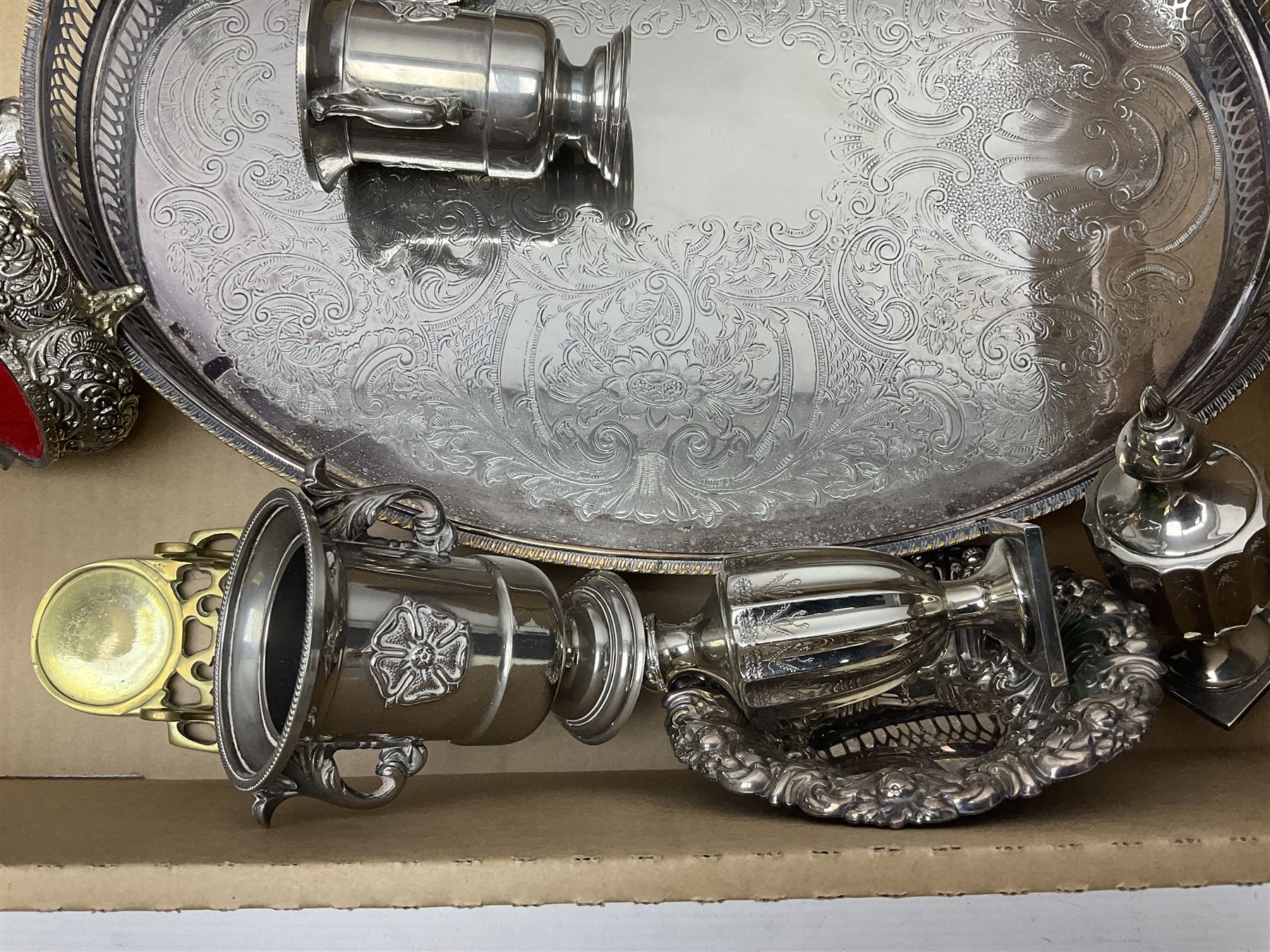 Collection of silver plate, including trays, candlesticks, cutlery, sauce boat, etc 