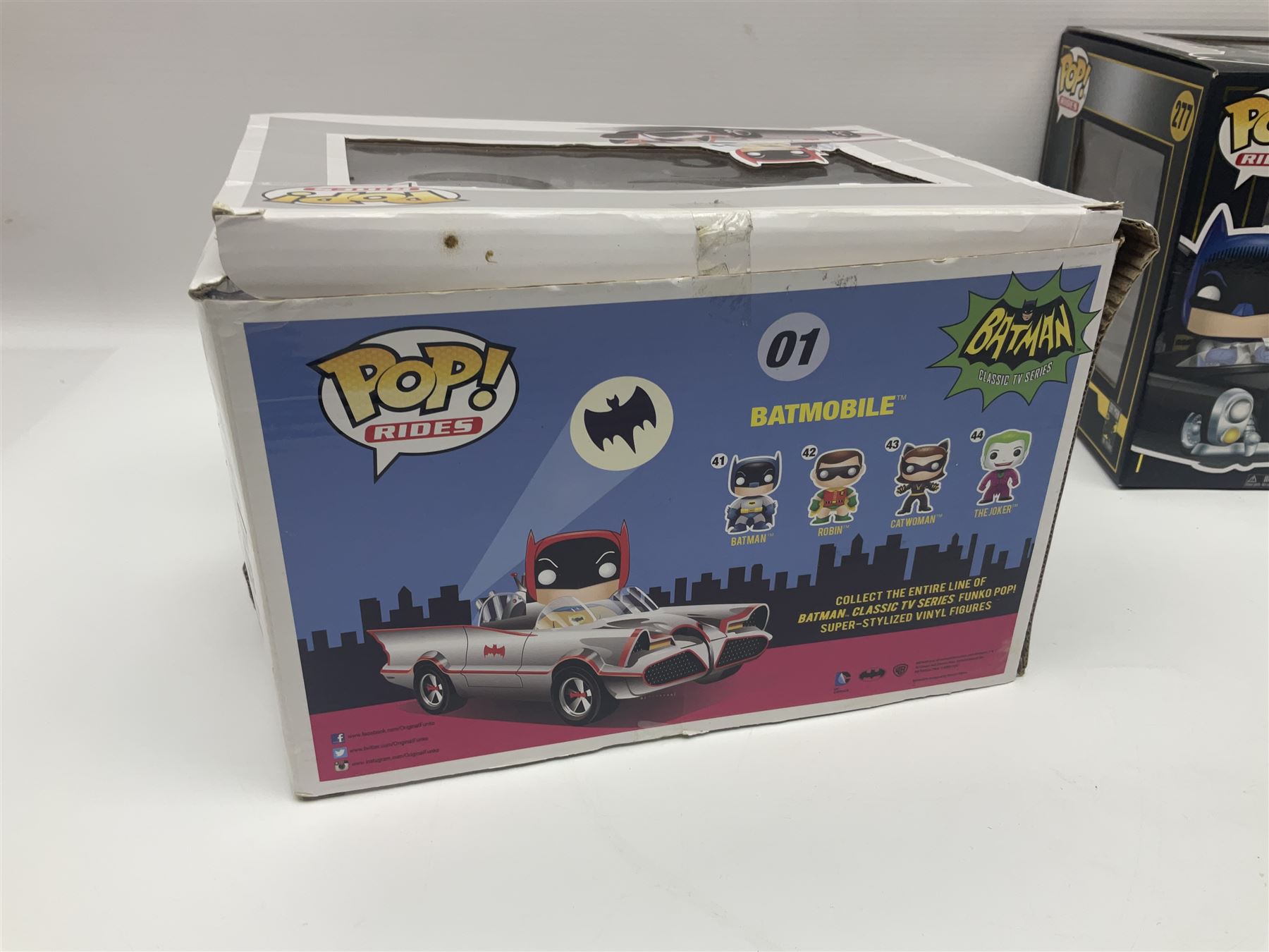 Thirteen Funko! Pop figurines of predominately Batman interest, to include 2016 ‘Batman Classic TV Series Batmobile’ and 2019 teal coloured ‘Batman’ Summer Convention exclusives, most in original boxes, with three similar boxed figures (16)