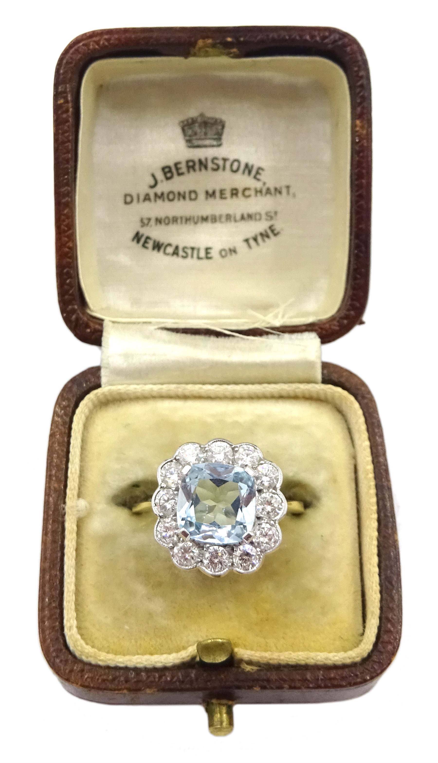 18ct gold milgrain set cushion cut aquamarine and diamond cluster ring, stamped 18ct, aquamarine approx 1.35 carat, total diamond weight approx 0.70 carat