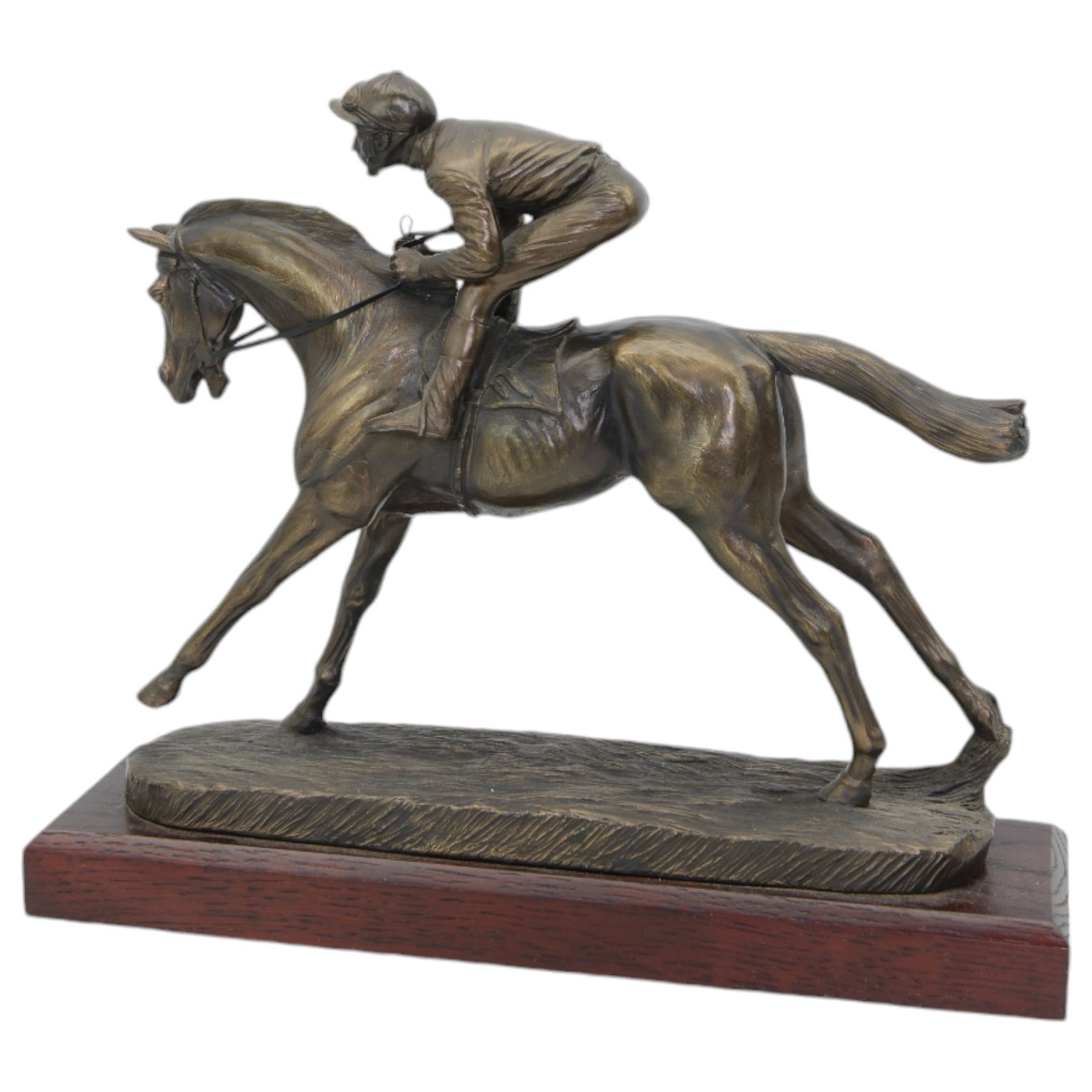 'Go Racing in Yorkshire Special Achievement Award, Guy Reed' - Bronze resin figure of a racehorse with jockey up on wooden plinth 30cm x 35cm and another 'Winning Owner Cadbury Cup July 2008 York Racecourse' on wooden base 30cm x 33cm (2)