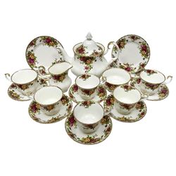 Royal Albert Old Country Roses pattern tea set for six, comprising teapot, milk jug, open sucrier, dessert plates, cups and saucers (21)