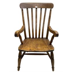 19th century beech Farmhouse armchair, shaped cresting rail over vertical slat back, dished seat on turned supports united by H stretcher 