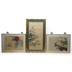 Chinese School (20th Century): Birds on Branches, set of three gouaches on silk bearing inscriptions max 63cm x 31cm (3) 