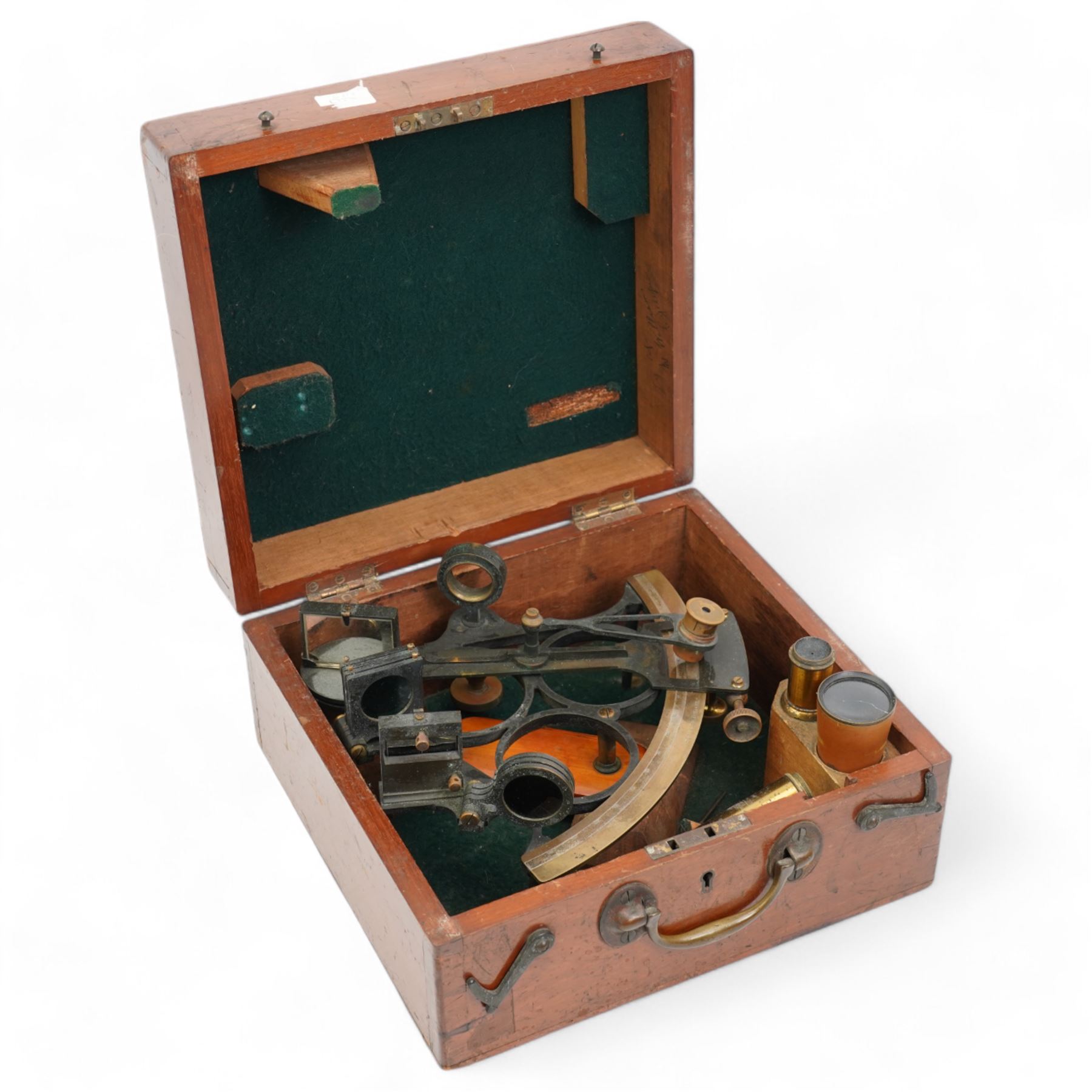 19th century cased brass and black lacquer sextant, by J. Parkes & Sons, Liverpool, in fitted mahogany case 