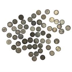 Fifty-eight silver sixpence coins, including William III 1697, Queen Anne 1717, George II 1758, George III 1787, George III 1816, Queen Victoria 1887 etc