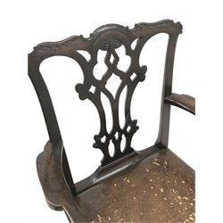 Georgian mahogany armchair, shaped cresting rail over a Gothic pierced splat, arms with acanthus scrolled terminals, leather drop in seat, moulded square supports, W62cm (total)