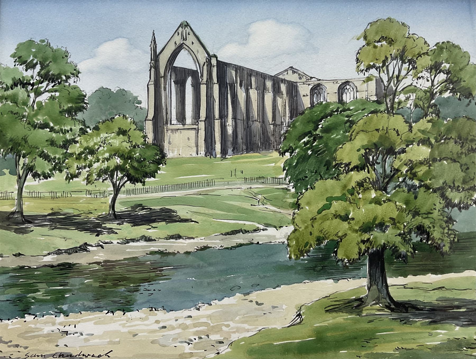 Sam Chadwick (British 1902-1992): Bolton Abbey, watercolour and ink signed 21cm x 27cm