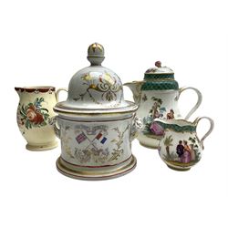 For repair/restoration: 19th century Crimean commemorative tobacco jar and cover, together with an 18th century creamware jug, and a Meissen style chocolate pot and cream jug (4)