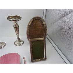 Group of silver, to include three piece pink guilloche enamel dressing table set, pair of trumpet vases and three silver photograph frames, all hallmarked, tallest frame H