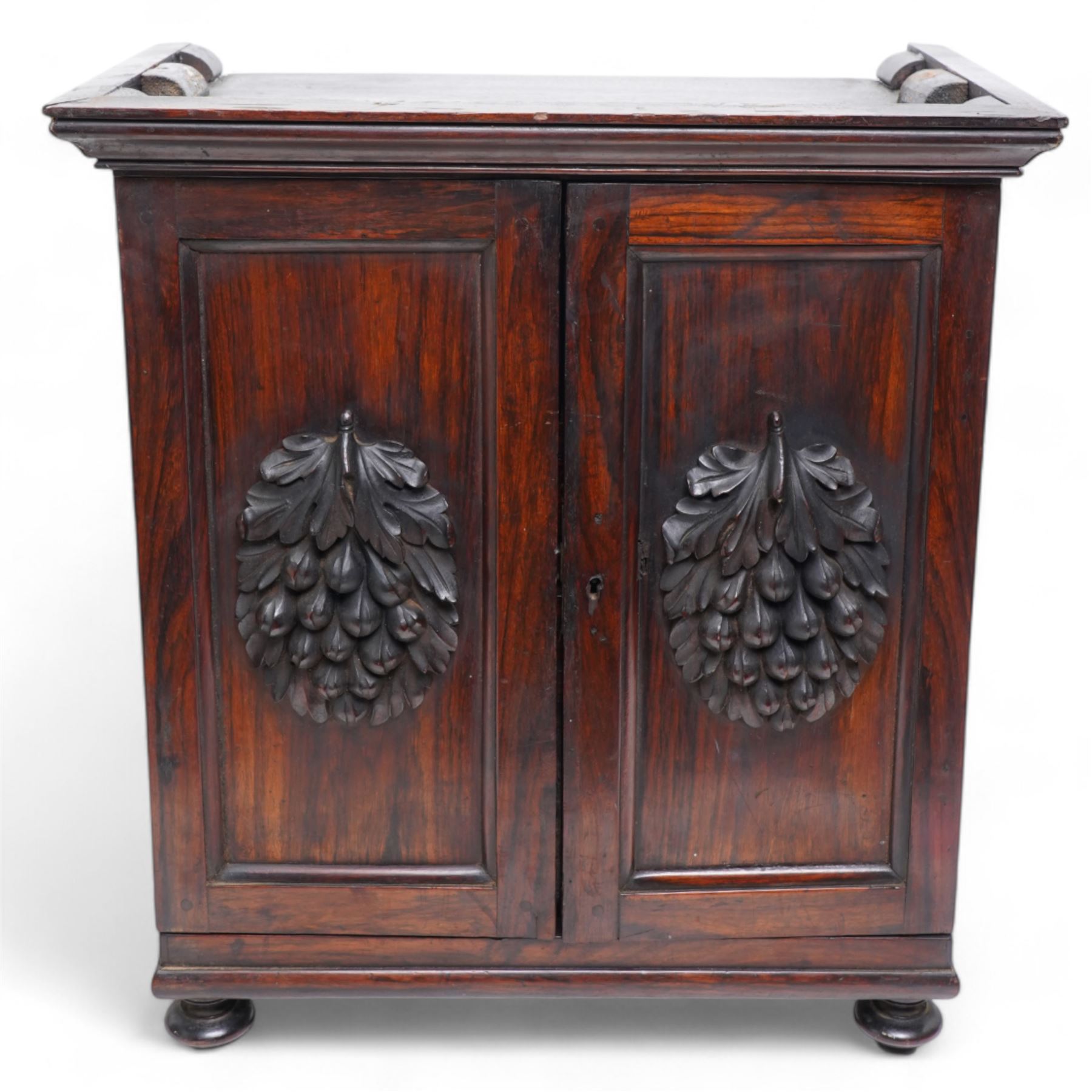 19th century rosewood spice cabinet, moulded cornice over two panelled doors decorated with fruiting foliage carved mounts, the interior fitted with a combination of small drawers, on turned feet