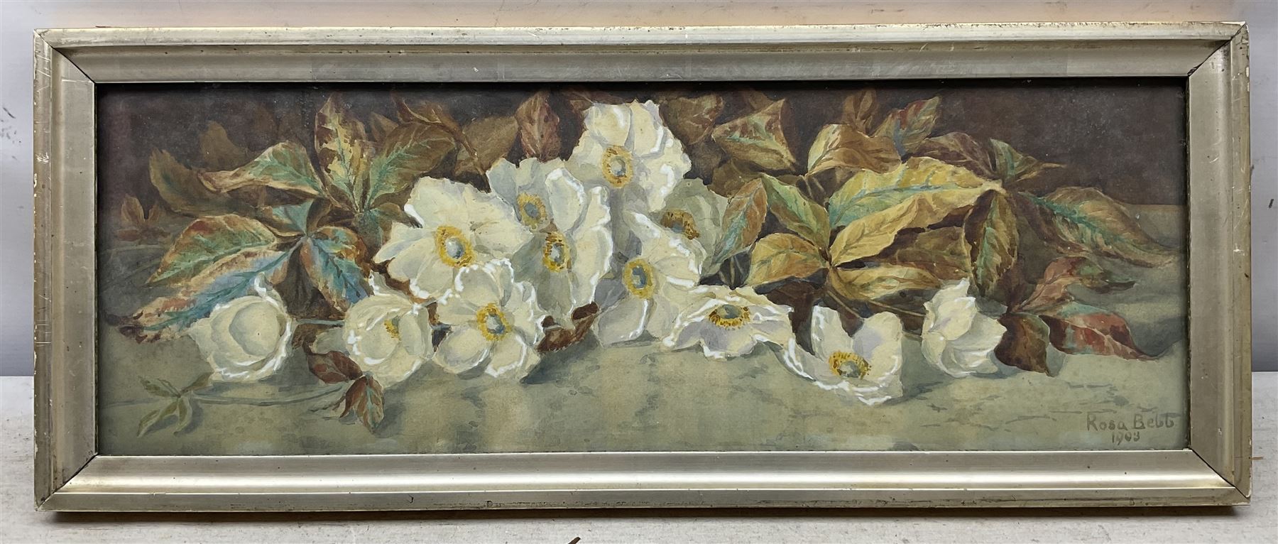 Minnie Rosa Bebb (British 1857-1945): Still Life of White Flowers, watercolour signed and dated 1903 18cm x 52cm 