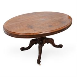 Victorian mahogany loo or centre table, moulded oval tilt-top, turned pedestal on four out splayed carved supports with scrolled terminals, on brass and ceramic castors 