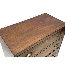 George III mahogany chest, rectangular ebony strung top, fitted with three graduating cock-beaded drawers with oval pressed brass handle plates and demi-lune handles, on tall bracket feet 