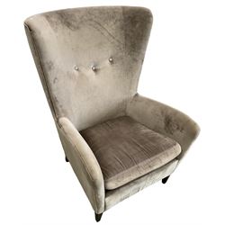 2 x Wing back armchair upholstered in silver crushed velvet fabric