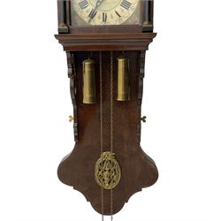 20th century weight driven Dutch WUBA wall clock -  with a break arch top and mounted gilt figures to the arch, painted dial with working moon disc, chapter ring with Roman numerals and pierced steel hands, twin train chain driven movement striking the hours on a bell. With pendulum and brass cased weights.