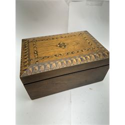 Three inlaid wooden boxes, together with an oak table top cabinet, tallest H42cm