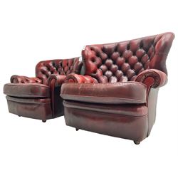 Wade - pair of Georgian design armchairs, high curved back and scrolled arms upholstered in deep buttoned oxblood 'Pegasus' leather, on castors