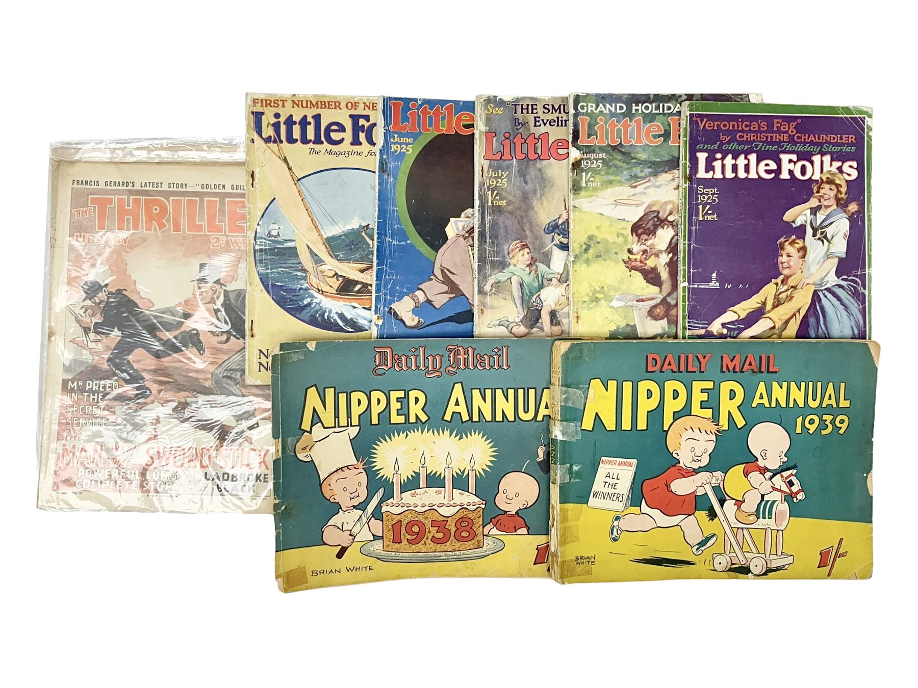 Two Daily Mail Nipper Annuals 1938 and 1939, together with five Little Folks magazines and eight Thriller magazines 