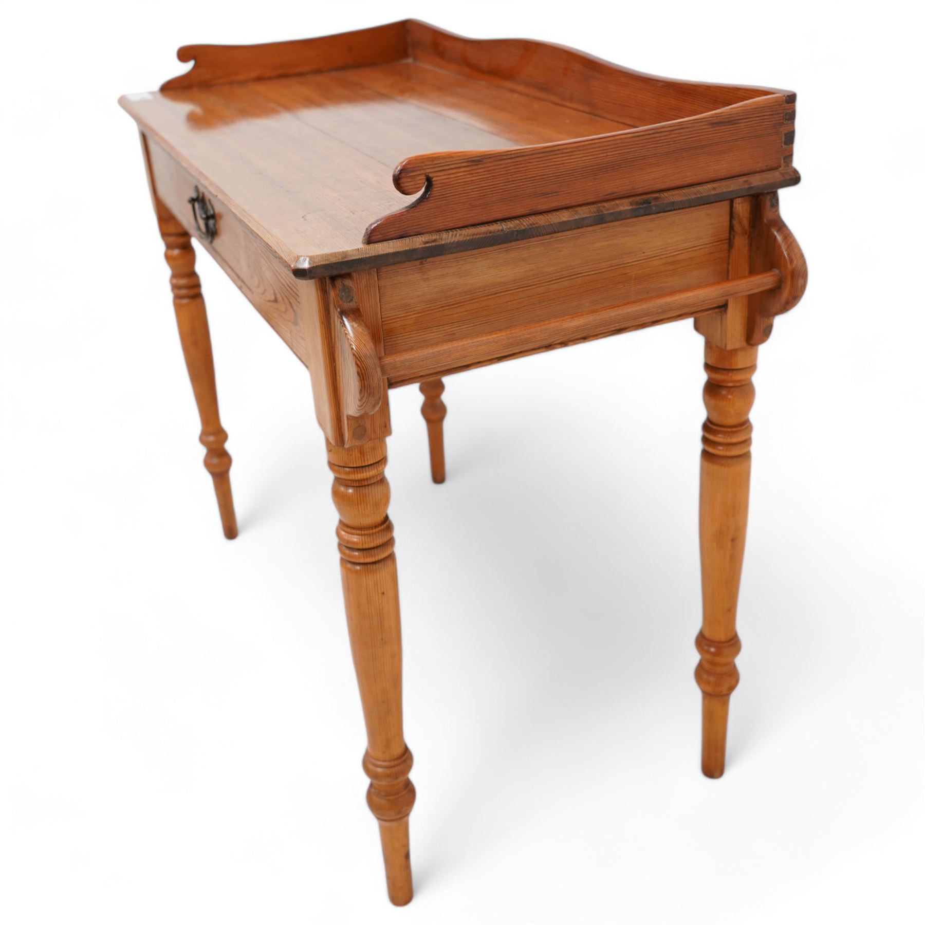 Victorian pitch pine washstand, raised gallery over rectangular top, fitted with single drawer, on turned supports 