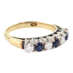 Gold and silver seven stone round brilliant cut diamond and sapphire ring, total diamond weight approx 0.40 carat