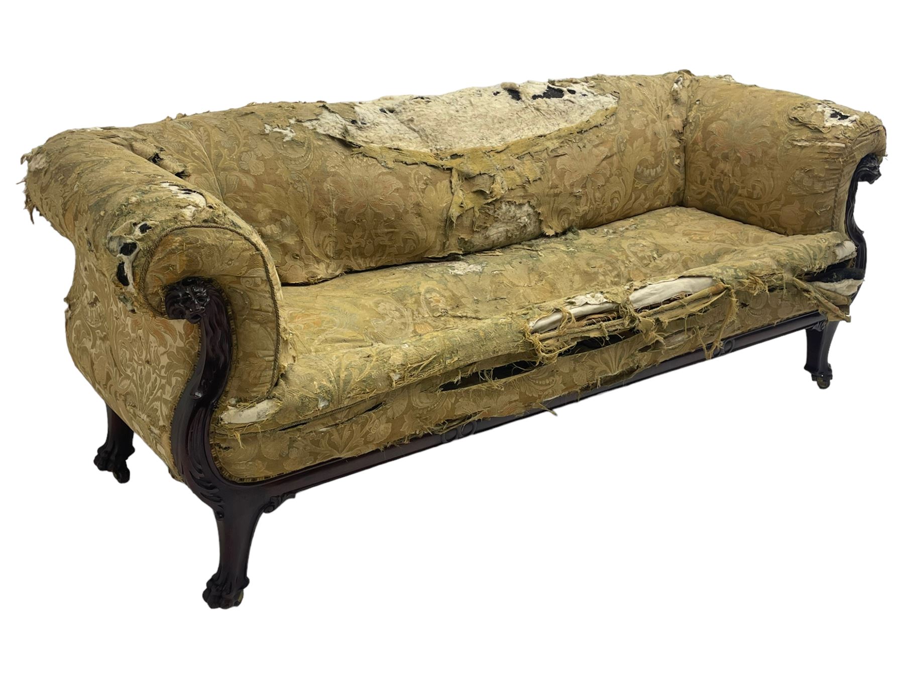 19th century mahogany settee, rolled S-scrolled arms carved with lion masks and acanthus leaf scrolls, the lower moulded rail carved with scrolling design, raised on carved paw feet with recessed brass and ceramic castors 