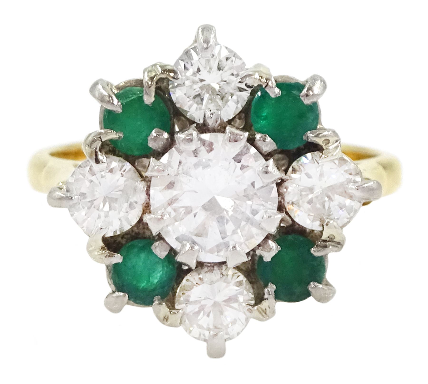 18ct gold emerald and diamond cluster ring, the central round brilliant cut diamond of approx 0.80 carat, with four stone round cut emerald and four stone round brilliant cut diamond surround, Sheffield 1977, total diamond weight approx 1.70 carat