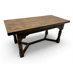 Early 20th century Jacobean design draw-leaf oak dining table, rectangular top with carved...