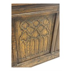 17th century design oak blanket chest, panelled hinged lid over panelled front, moulded frame, on stile supports