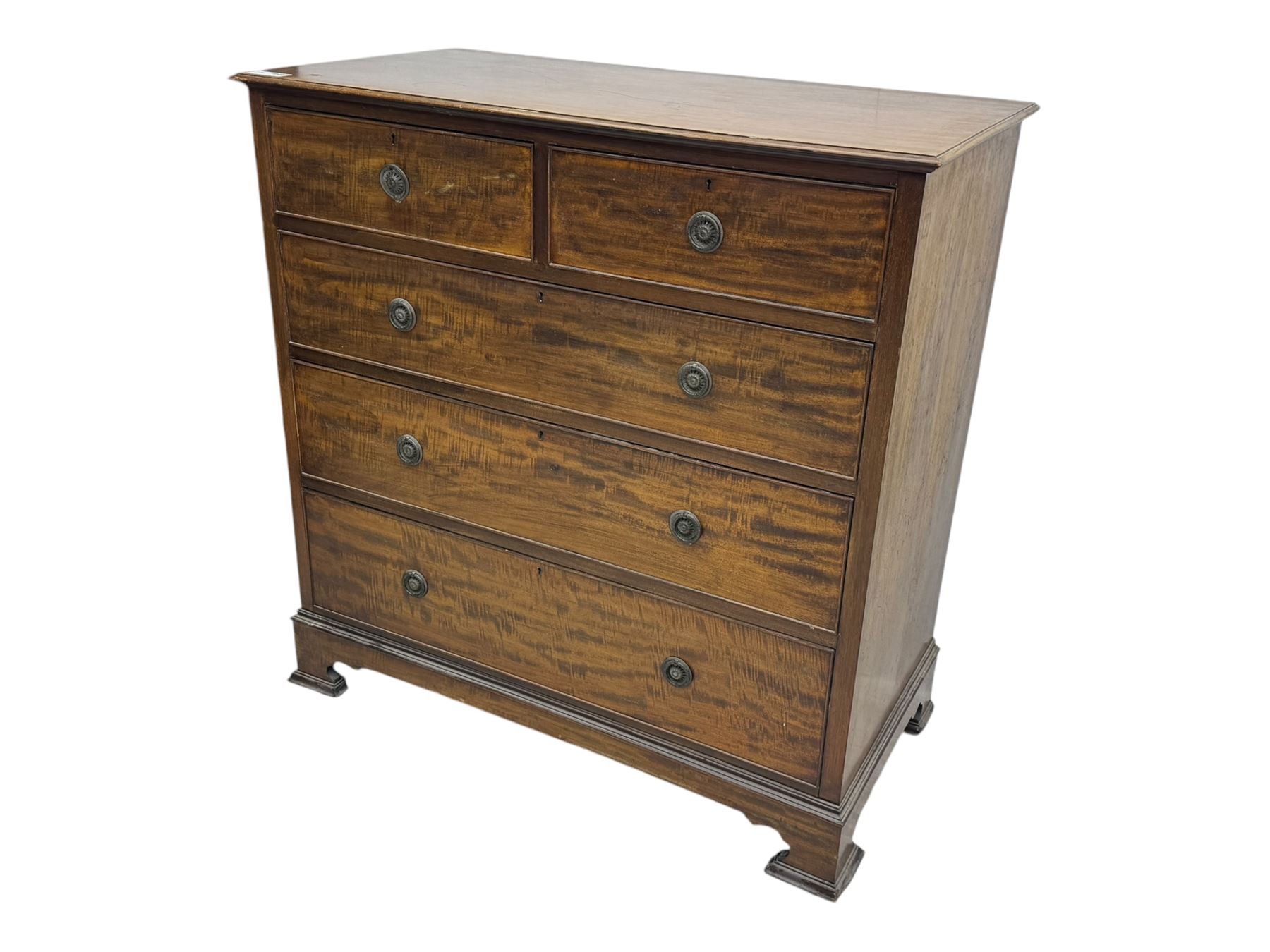 Early 20th century mahogany chest of drawers, rectangular top with moulded edge over two short and three long cockbeaded drawers, on bracket feet