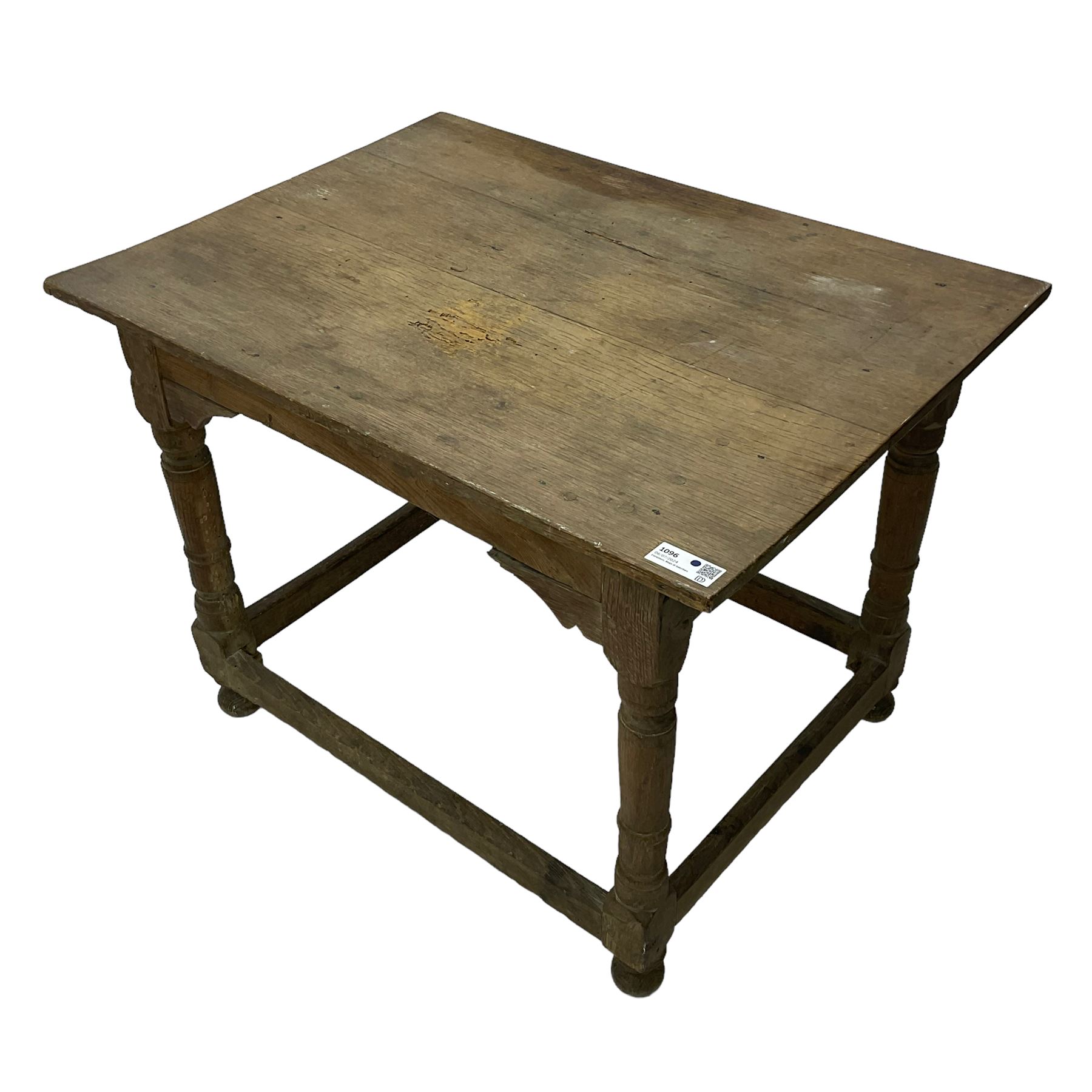 18th century oak joined table, rectangular pegged plank top on turned supports united by plain stretchers