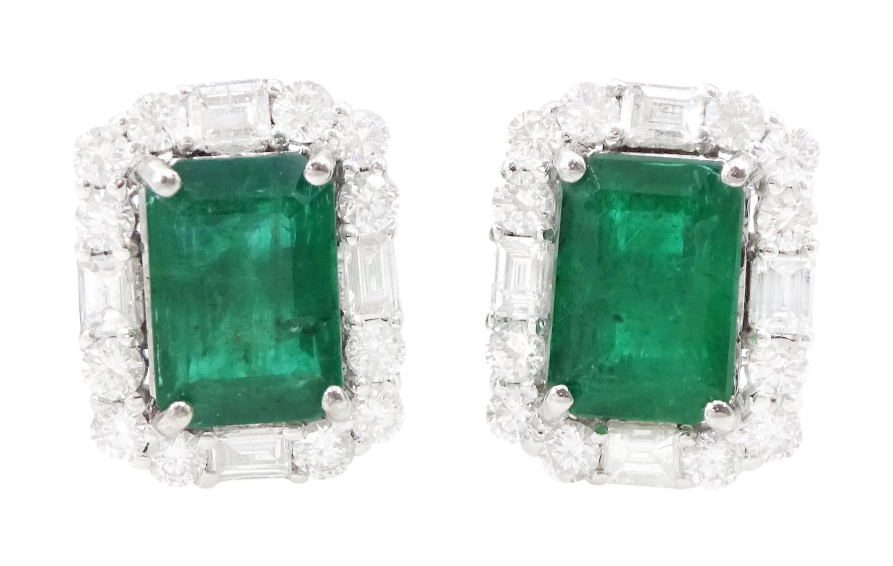 Pair of 18ct white gold emerald cut emerald, round brilliant and baguette cut diamond stud earrings, total emerald weight approx 2.25 carat, total diamond weight approx 0.70 carat