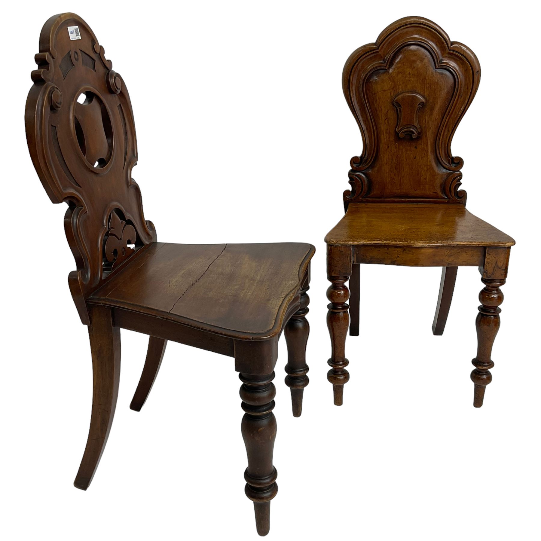 19th century mahogany hall chair, pierced and carved shaped back decorated with C-scrolls, solid seat raised on turned supports (W46cm H88cm); together with another similar (W41cm H87cm)