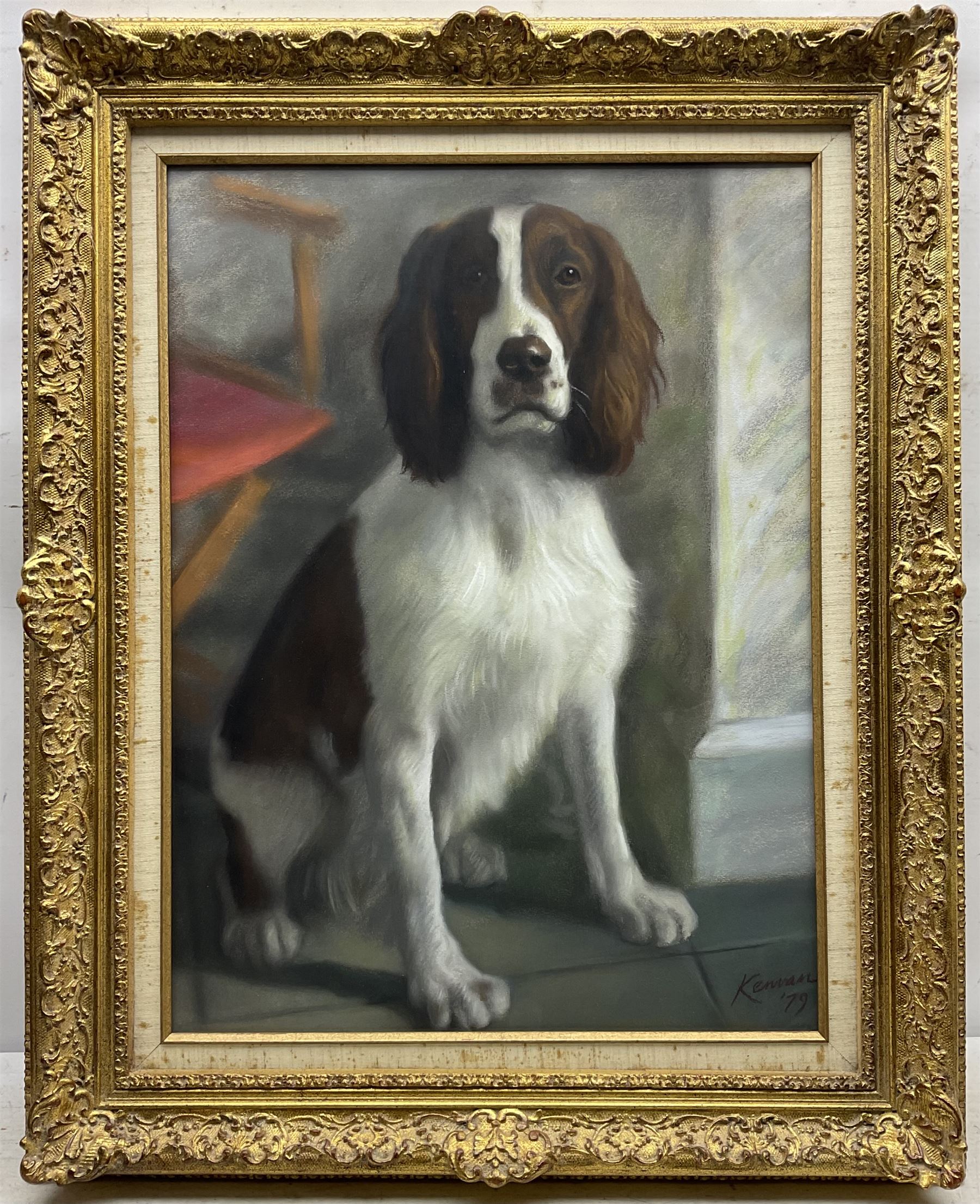 English School (20th Century): 'The Lady Beautiful' Spaniel Portrait, pastel indistinctly signed and dated '79, titled on label verso 60cm x 44cm 